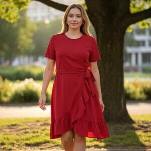 NWOT Calvin Klein Short Sleeve Tie Front Ruffle Hem Fit and Flare Dress RED 22W